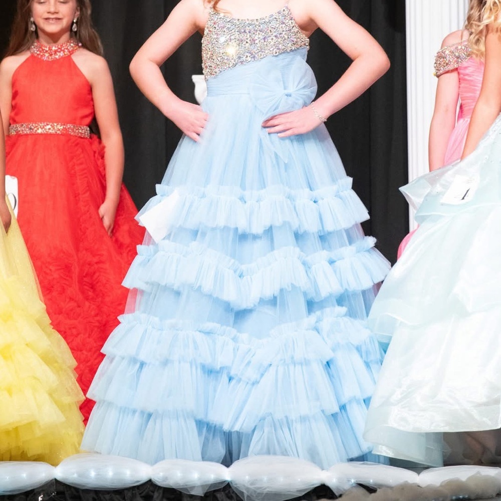 Rachel Allan Light Blue Ruffled Dress with Silver Details Pageant Dress